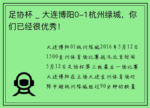 足协杯 _ 大连博阳0-1杭州绿城，你们已经很优秀！