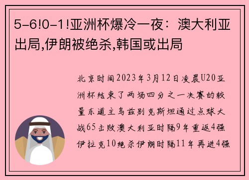 5-6!0-1!亚洲杯爆冷一夜：澳大利亚出局,伊朗被绝杀,韩国或出局